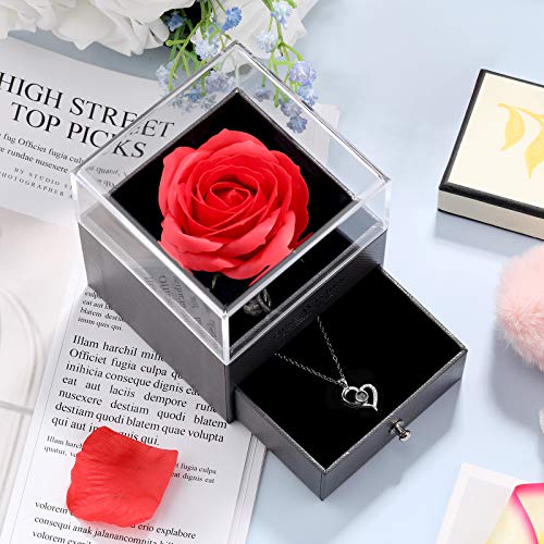 Hicarer Necklace Gift for Girlfriend I Love You in 100 Languages Projection Pendant Necklace with Preserved Red Rose Flowers in Box for Women Mom Wife on Anniversary Birthday4