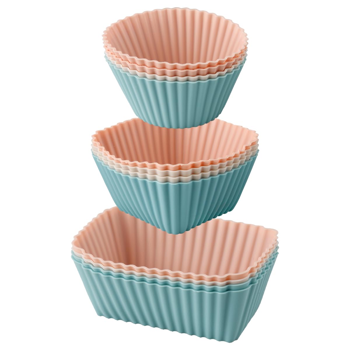 GLADFRESIT 12Pcs Silicone Cupcake Mould Set, Non Stick Cups Square Rectangle Round Muffin Cake Moulds Food Grade Air Fryer Liners for Jelly Desserts Cakes Bread Treats(Brown)