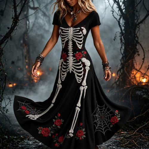 XOGWVJ Halloween Dresses for Women Skeleton Print Gothic Maxi Dress Short Sleeve Costume Party Outfit Renaissance Medieval christmas party dresses for women Black XS - image 2