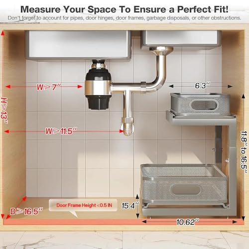 Image of 2-Pack Under Sink Storage Organizer with 2-Tier Slide Out Drawer, Sophisticated Mesh Pull Out Shelf for Kitchen & Bathroom, Fits Small Items, Upgraded Arched Track for Smooth Gliding-Gun Gray