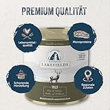 Lakefields Premium Hundefutter Nass | Wild 59% | 6 x 800g | Getreidefreies Nassfutter für Hunde | Natürliche Zutaten in Lebensmittelqualität | Karotten, Kartoffeln & Heidelbeeren | Schonend gegart