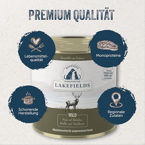 Lakefields Hundefutter Nass Kennenlernpaket | 6 x 400g | Getreidefreies Nassfutter für Hunde mit Huhn | Rind | Wild | Lamm | Schonend gegart | Zusatzfrei | Zutaten in Lebensmittelqualität