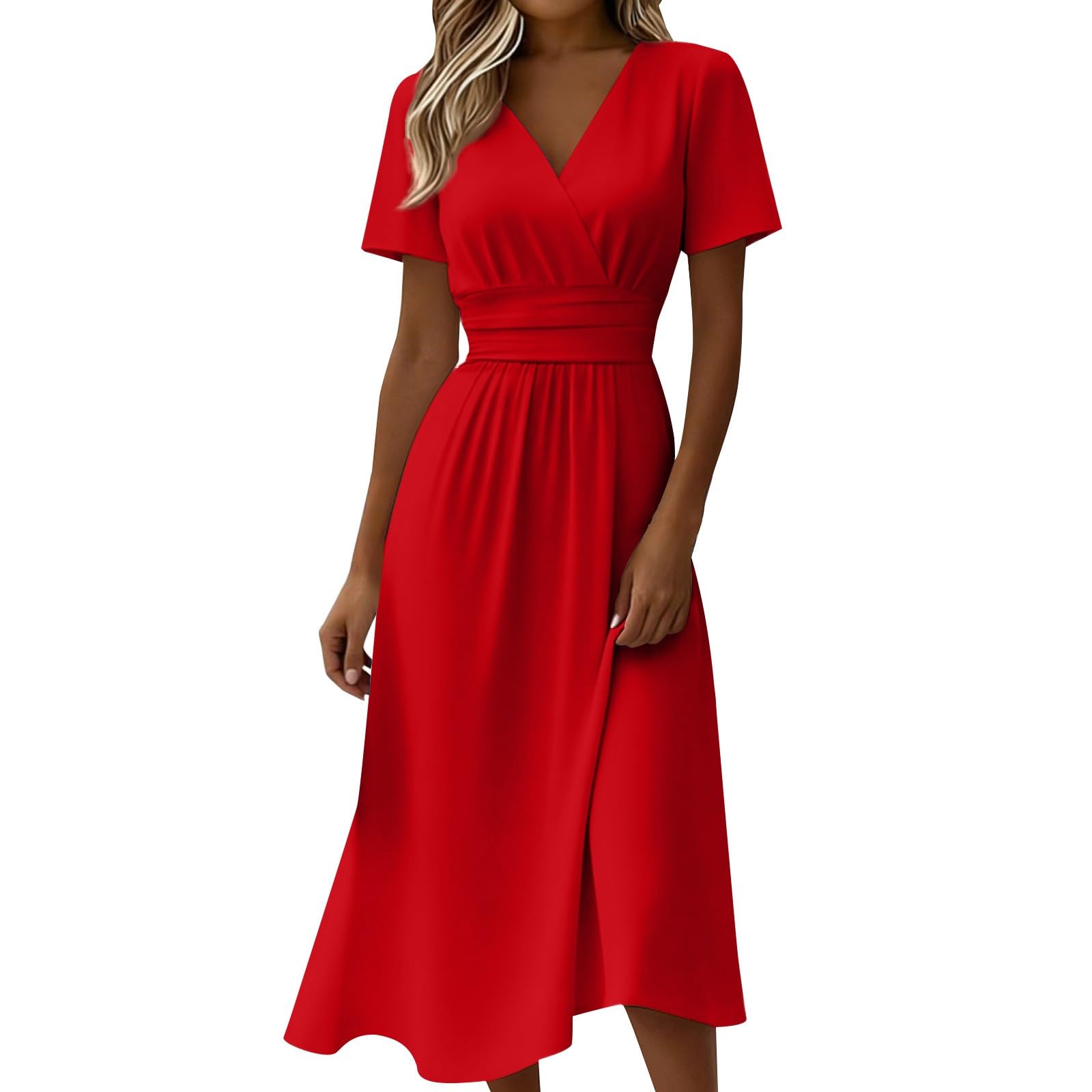 Generico Robe d'été pour femme - Robe d'été à manches courtes - Robe mi-longue décontractée - Taille haute - Col en V - Couleur unie - Élégante robe de style bohème pour les vacances