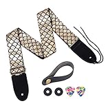 UniTak3D - Correa para Bajo y Guitarra Acústicas o Eléctricas, en Nailon con Estampado de Escamas de pez, con 2 Púas + Cierres de Correa + Botón de Correa -Color Dorado