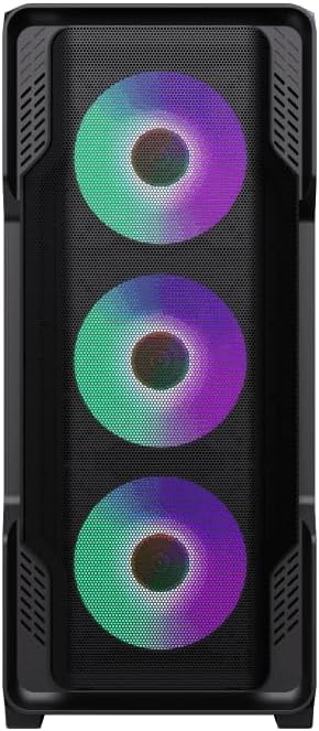 Front view of the GAMEMAX Siege E-ATX Mid-Tower Gaming Case, showing the full mesh panel and three illuminated ARGB fans.