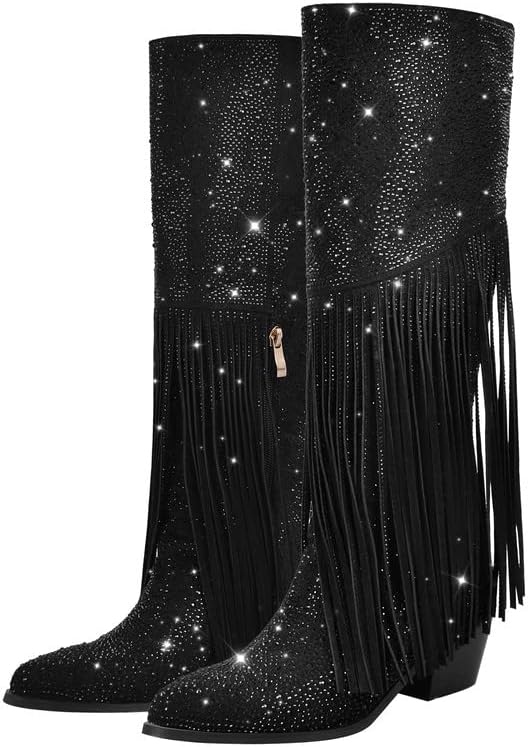 sexytag Rhinestone Sparkly Boots for Women Knee High Fringe Chunky Low Heel Pointed Toe Pull-On Side Zipper Boots