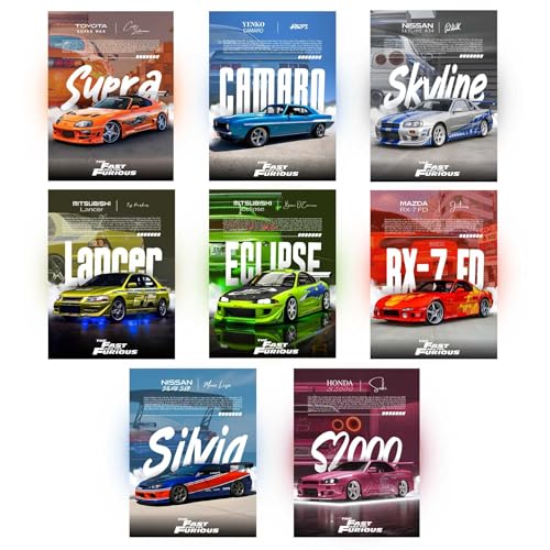 Image of Posternet Set of 8 - Fast and Furious JDM cars | A4 size (8.3 x 11.7 inch) | Wall Decor for Living room, Bedroom, Office | Perfect F&F and Car lovers (Fast and Furious Pack)