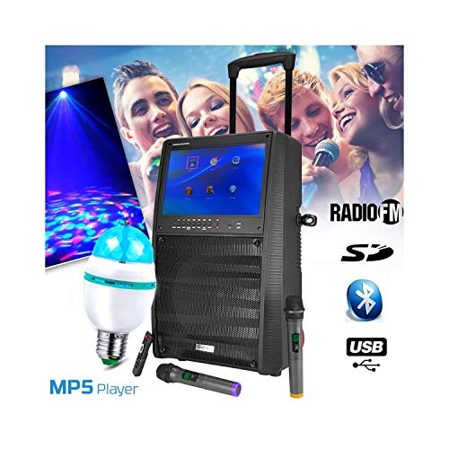 Enceinte KARAOKE Mobile Autonome 12" 800W - Ecran TFT couleur 15" - BT + 2 Micros UHF + Tel - PORT-TFT12 + Ampoule DIAMS LED