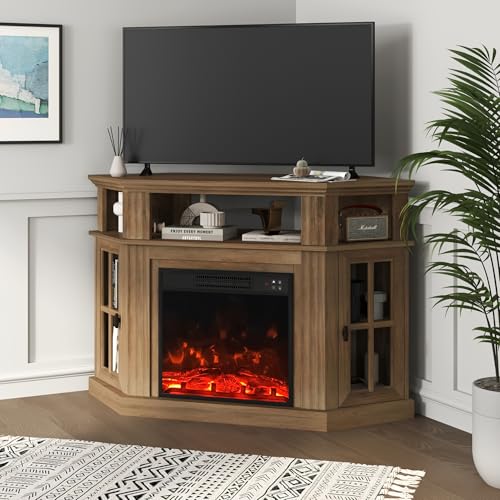 Image of YESHOMY Corner Fireplace TV Stand for Television up to 55 inch with Storage Cabinets, Entertainment Center, Media Console for Living Room, Bedroom, Brown