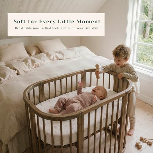 Image of 3 Pack Muslin Bassinet Fitted Sheets for Bedside Sleepers | Soft Cotton Baby Sheet Set Compatible with Baby Delight for Boys and Girls, Dream On Me, AMKE and Other Rectangle Mattresses