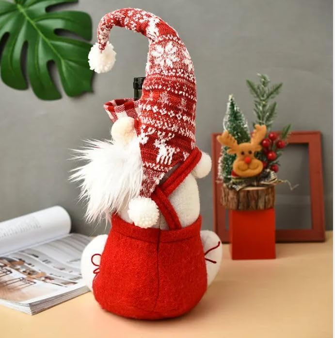 Sweet Mini Me Christmas Gnomes Wine Bottle Cover - Cotton Wine Bottle Decor for Holidays - Christmas or New Year’s Dinner Table Decor (Gray) - 27X10X18 cm