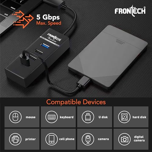 Image of Frontech 4 Port USB Hub Dock, LED Indicators, Plug and Play, 5 Gbps Speed - Each Port, 20 Cm Cable,Compatible, Multi Device Connection