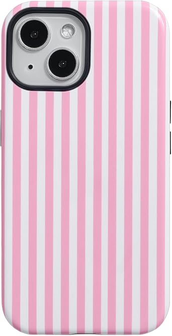 Compatible with iPhone 15 Plus/14 Plus Case Striped Cute Aesthetic Phone Case Shockproof TPU Hard PC Protective Cover for iPhone 15 Plus/14 Plus-Pink