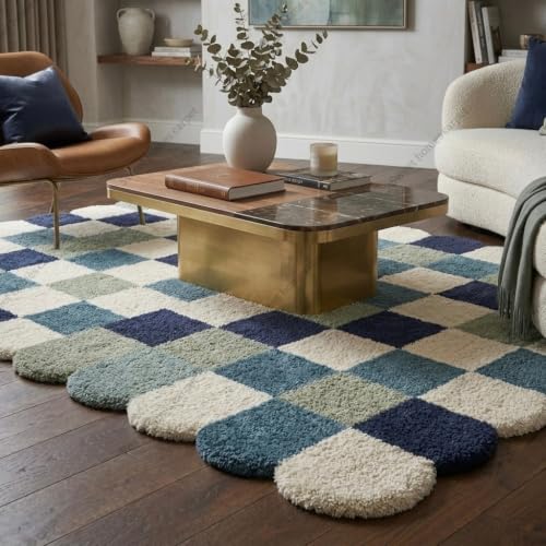 Image of SWEET HOMES Handwoven Shaggy Checkered Area Rug | Ultra Soft Plush Irregular Carpet with Anti-Skid, 6 x 10 Feet (183 x 305 cm), Multi Blue