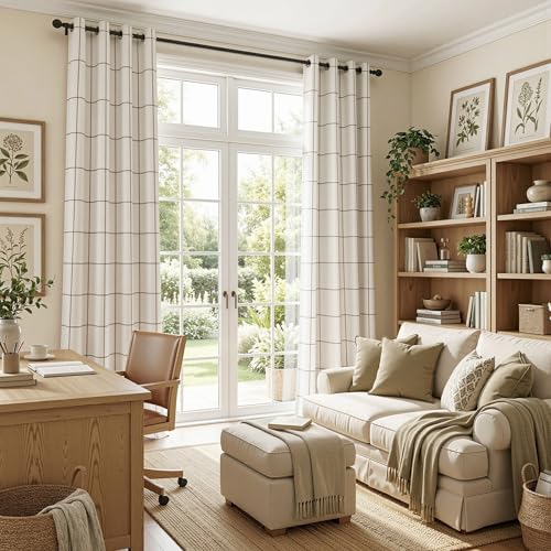 Image of MYSKY HOME Floor to Ceiling 100% Blackout Plaid Linen Curtains 96 Inch Long 2 Panels Set Farmhouse Double Layer Checkered Patterned Thermal Insulated Grommet Top Drapes, 52 inch W Each Panel, Brown