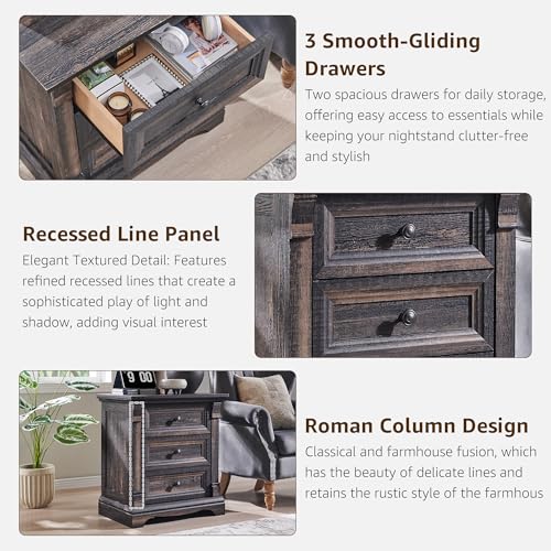 Image of 26 inchH Night Stand Set of 2, 23.6 inchW Wooden End Table with Charging Station