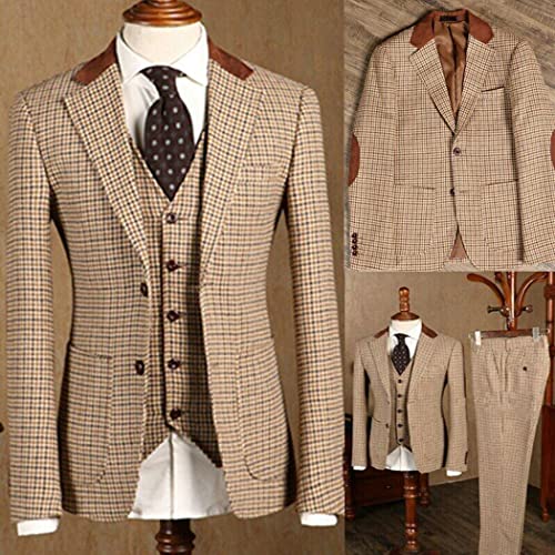 Premium Men Brown Houndstooth Plaid Tweed Blazer Prom Tuxedo Notch Lapel Check Grooms 3 Pieces Suit Jacket Pants Vest2