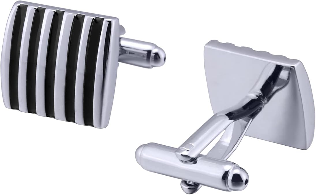 unique vatika 1 Pair Cufflinks | Formal Shirt Sleeve Fancy Button | Birthday Anniversary Gift | Suitable For Suit, Blazer, Shirt | Cufflinks For Business Wedding, Party, Dress | Square 5 Black Strips Cufflinks |-picture-17