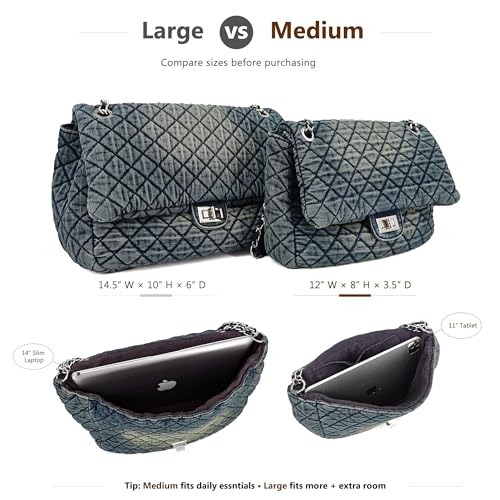 Image of M-ioi-M Quilted Denim Purse, Shoulder Bag for Women, Crossbody Flap Tote Bag,Silver Chain Hobo Bag, Vintage Washed Jean Purse