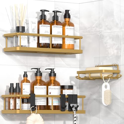 YASONIC Duschablage Ohne Bohren, 3 Stück Rostfreie Badezimmer Organizer, Schnelltrocknender Duschregal Ohne Bohren, Große Kapazität Shampoo Halterung für Dusche mit 2 Haken, Large Gold