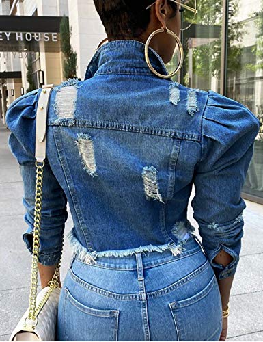 AMEBELLE Jean Jacket for Women Long Puff Sleeve Distressed Crop Denim Jackets Top2