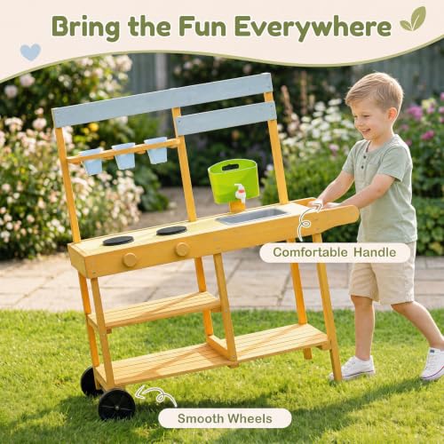 Image of HONEY JOY Mud Kitchen with Wheels, Fir Wood Outside Play Kitchen for Toddlers, Realistic Faucet & Water Tank, Stoves, Sink, Storage Shelf, Planter Cups, Mud Table for Kids Outdoor Backyard,Natural