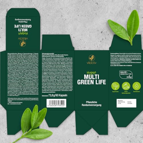 VITACTIV Multi Green Life - Green Food Multivitamin Präparat - Natur Komplex 100 Nährstoffe - Vitamin C, D, E, B Vitamine - Mineralien, Enzyme, Omega3, Vitalpilze, Probiotika, Superfood - 90 Kapseln