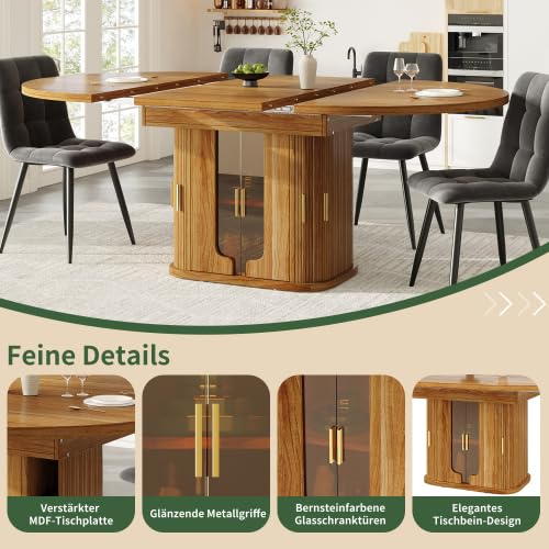 Table à manger ronde extensible 118-158 cm, table de cuisine ovale avec façades en verre ambré et espace de rangement, télescopique pour jusqu'à 6 personnes, noyer