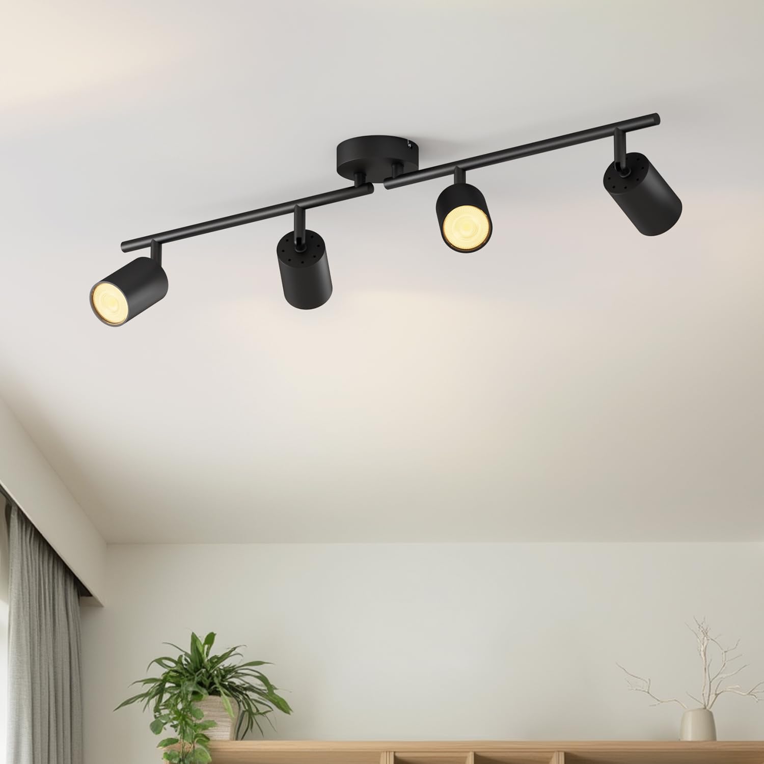 LVWIT Lámpara Techo Focos con 4 Focos Giratorios GU10, Lámpara de Pared Interior Negro Ajustables, Focos Led Interior Techo Iluminación para Dormitorio Pasillo Cocina (Sin Bombillas).