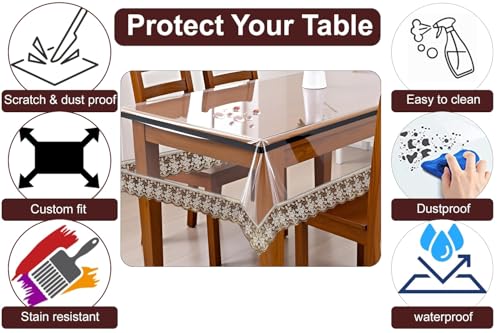 Image of The Furnishing Tree Rectangle Shaped 4 Seater Transparent Table Cover WxL 54x78 inches 0.25 mm Thickness with Golden Lace