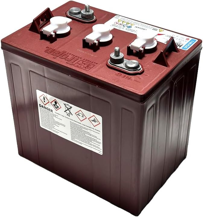 Trojan T-105 PLUS battery with visible warning labels