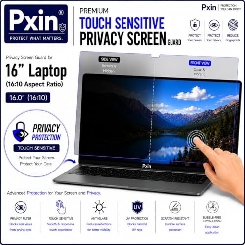 Image of Pxin Aura | 16 Inch (16:10) | Touch Sensitive Privacy Screen | Anti Blue | Anti Glare | UltraThin for Hyper Touch | Anti UV | Privacy Filter compatible with HP /Dell /Lenovo /Asus /Acer