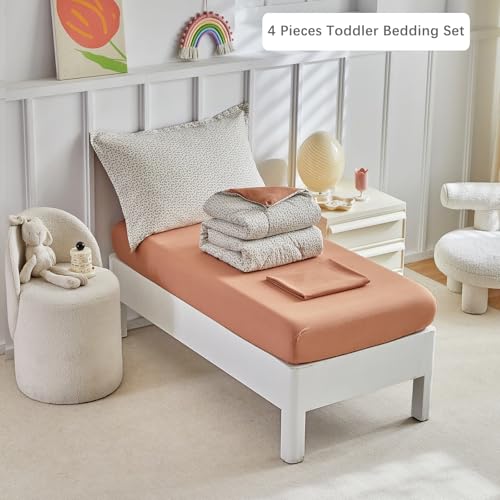 Image of DuShow Leaf Toddler Bedding Set for Boys and Girls,Cute Colorful Botanical Flowers, 4 Pieces Soft Crib Bedding Set Including Comforter, Sheets and Pillowcase