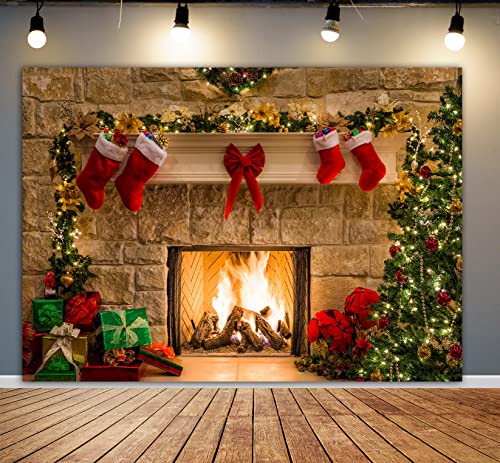 BINQOO 9x6ft noël cheminée Arbre Chaussette Toile de Fond Arbre de noël Chaussette Rouge Cadeaux Santa Guirlande Balle fête Photographie Fond Stand décor Accessoires – Image 3
