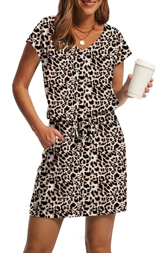 Image of OFEEFAN Summer Dresses for Women 2026 V Neck T Shirt Casual Mini Dresses Tie Waist Sundresses with Pockets