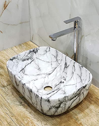 Image of REMOTION Designer Glossy Finish Table Top Ceramic Wash Basin Vessel Sink with Slim Rim |Collapsible Wash Basin | Vessel Sinks For Bathrooms (White Grey Wash Basin-Matte, 18 x 13 x 5.5 Inch)