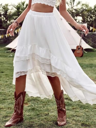 Women Lace Irregular Maxi Skirt High Low Asymmetrical Ruffles Hem Elastic Waist Long Skirt4