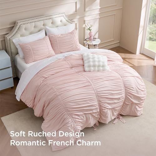 Image of Bedsure Ruched Comforter Set with Bow Trim Pink, GentleSoft 3 Pieces Bow Bedding Pink Room Decor, King Boho Bedding for Girls Teens Women, 1 Bed Comforter, 2 Pillow Shams, 104x90 Inches