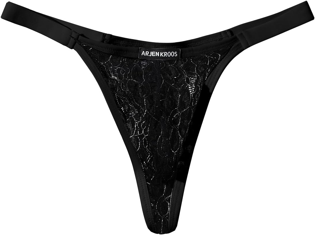 Mens Lingerie Thong Underwear Sexy Low Rise Bikini G-String with 3D Pouch Sheer Lace See Through for Men