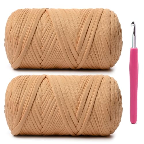 Image of 2 Pack Soft Tshirt Crochet Yarn, 800g /228yds High Elastic Hand Knitting Yarns, Thick T Shirt Yarn for Crocheting Bags, Baskets, Cushions, DIY Crafts(2 Light Tan)