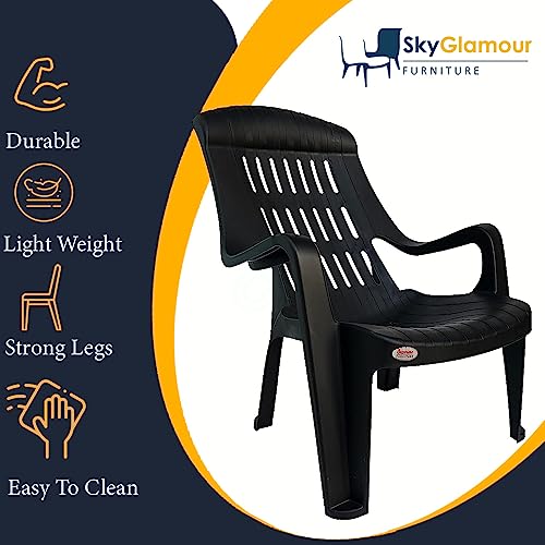 Image of SkyGlamour Supreme Comfy Relax Plastic Arm Chair | Comfort Plastic Chair for Living Room, Garden, Home,Indoor and Outdoor Use | Supreme Outdoor Plastic Chair |Color: Black; Set of 4 Chair