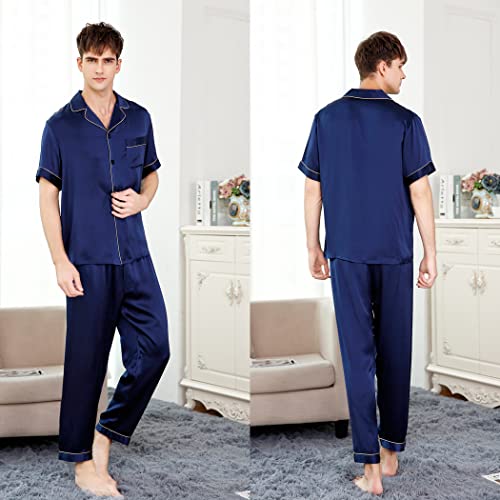 Men's Silk Sleepwear Pajamas,Short-Sleeve Shirt & Long Pants,100% Silk(Main),5 Colors,真丝睡衣2
