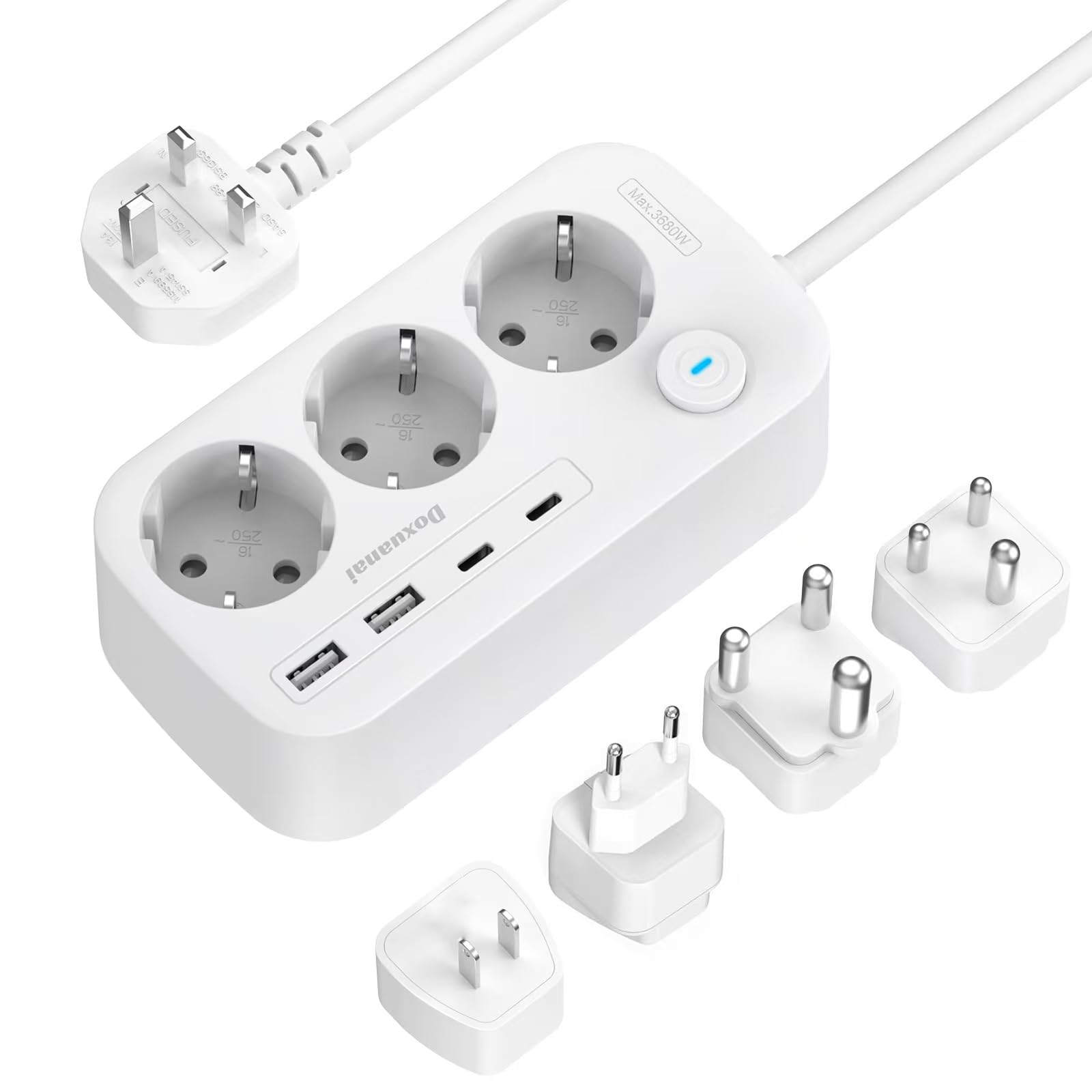 Adaptateur de Voyage International, Adaptateur de Prise avec 3 Compartiments et 4 USB (2 USB C), Type A/C/G/I/M/D Le Japon, Le UK, la Thaïlande, l'AUS, l'EU, l'Afrique du Sud, l'Inde