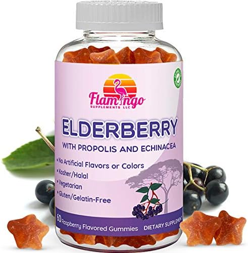 Elderberry Gummies Enhanced with Vitamin C, Propolis, Echinacea for Kids and Adults. No Gelatin - Kosher and Halal. Raspberry Flavor. 60 Count