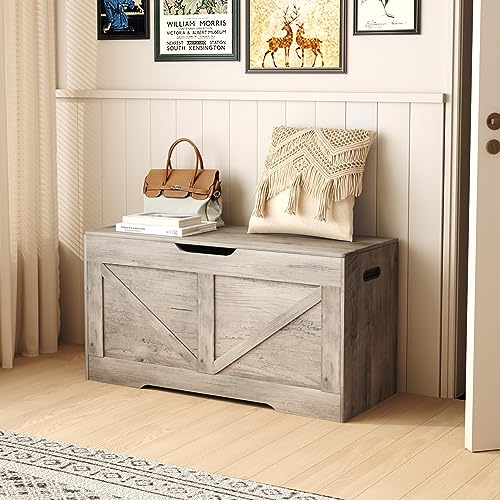 HOMEFORT Storage Chest,39.4\" Storage Bench for Entryway, Retro Shoe Bench, Lift Top Box Organizer, Storage Trunk with 2 Safety Hinges, for Bedroom, Living Room(Greige) - Thumbnail 7