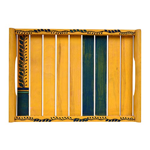 Image of Aakriti Art Creations Yellow Handcrafted Sheesham Wood Serving Tray Set of 2