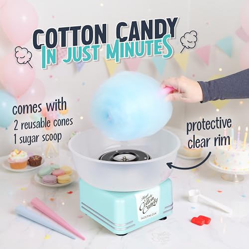 Image of Nostalgia Countertop Cotton Candy Machine - Use Normal or Sugar-Free Candy or Flossing Sugar - Includes 2 Reusable Cones and Measuring Scoop - Aqua