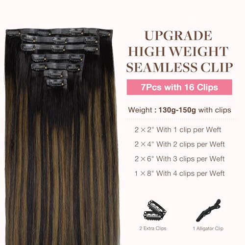 Image of GOO GOO Clip in Hair Extensions Real Human Hair, Remy Human Hair Extensions Clip ins for Women, Natural Human Hair, 18inch 130g 7Pcs, 1B /6 /1B Balayage Natural Black to Chestnut Brown