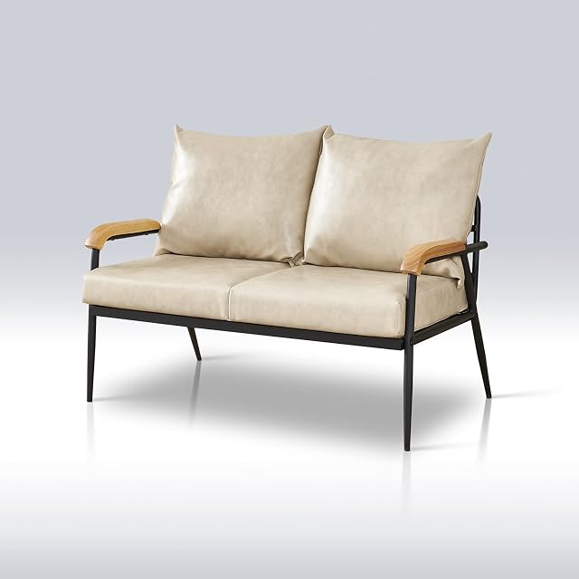 TUKAILAi 2 Seaters Sofa Lounge Faux Leather Soft Sofa with Solid Wooden Arm and Metal Support Living Room Furniture Cream Color