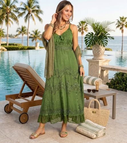 Image of Sakkas Stonewashed Rayon Embroidered Adjustable Spaghetti Straps Long Dress
